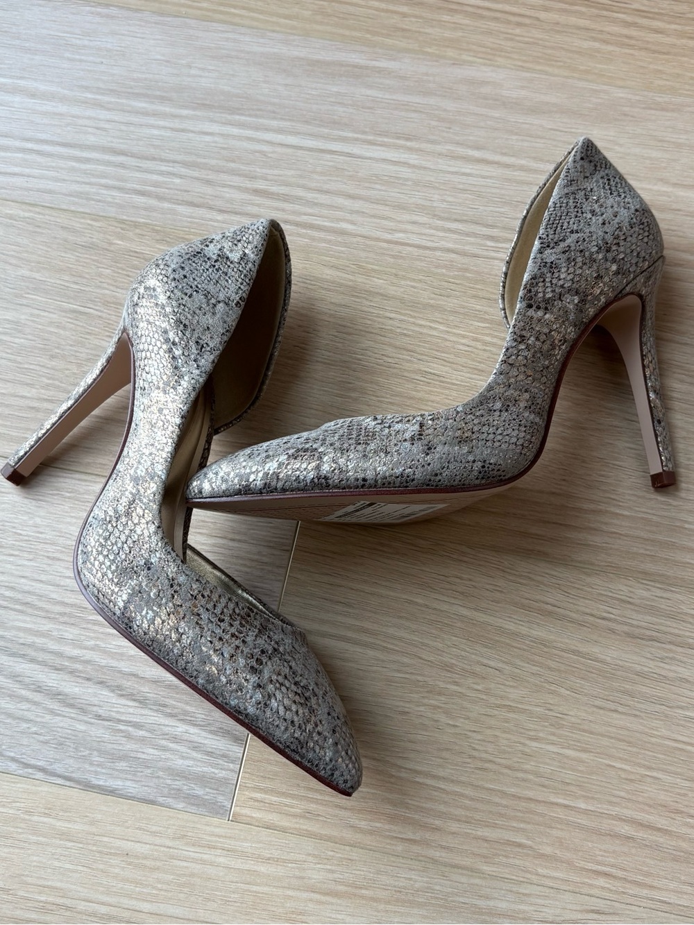 Snake-Print Pointed Toe Pumps in Taupe